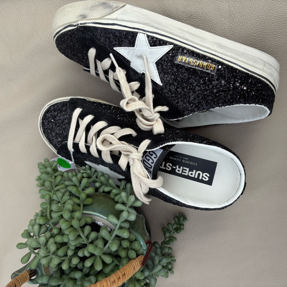 GOLDEN GOOSE SUPER START GLITTER SNEAKERS BACKLESS SLIDES LACE UP LEATHER 37/7 - Picture 2 of 8
